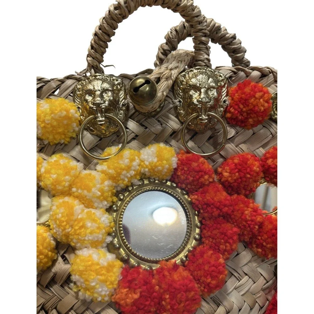 Sicily Italian Lion Head Mirror Embellished Straw Tote Basket Bag Multicolor - Picture 3 of 8